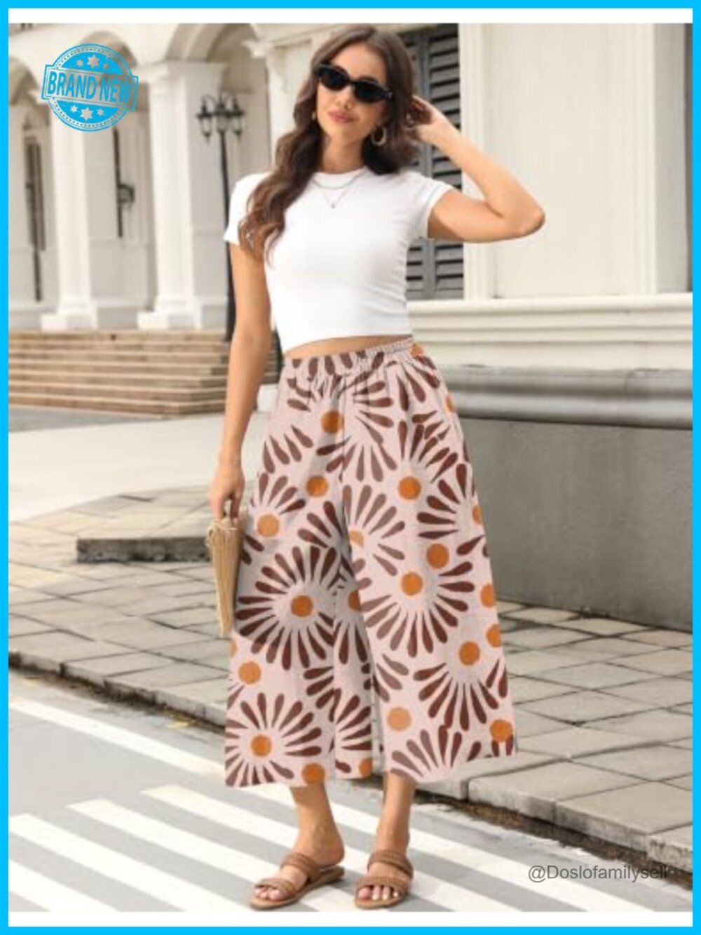 Wide Leg Linen Capri Pants Elastic Waist Palazzo Trousers with Pockets - Picture 4 of 7